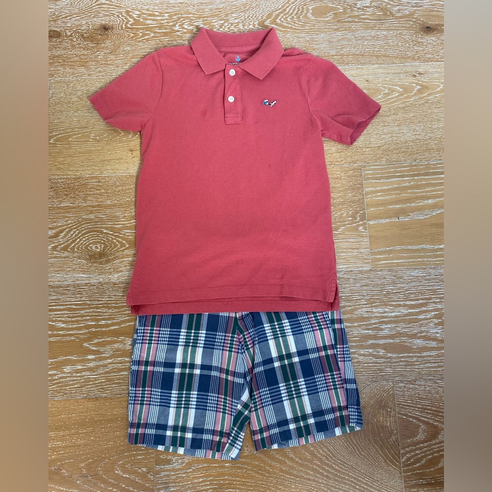 Crew Cuts (JCrew) Salmon colored Polo Shirt and Plaid Shorts Set.